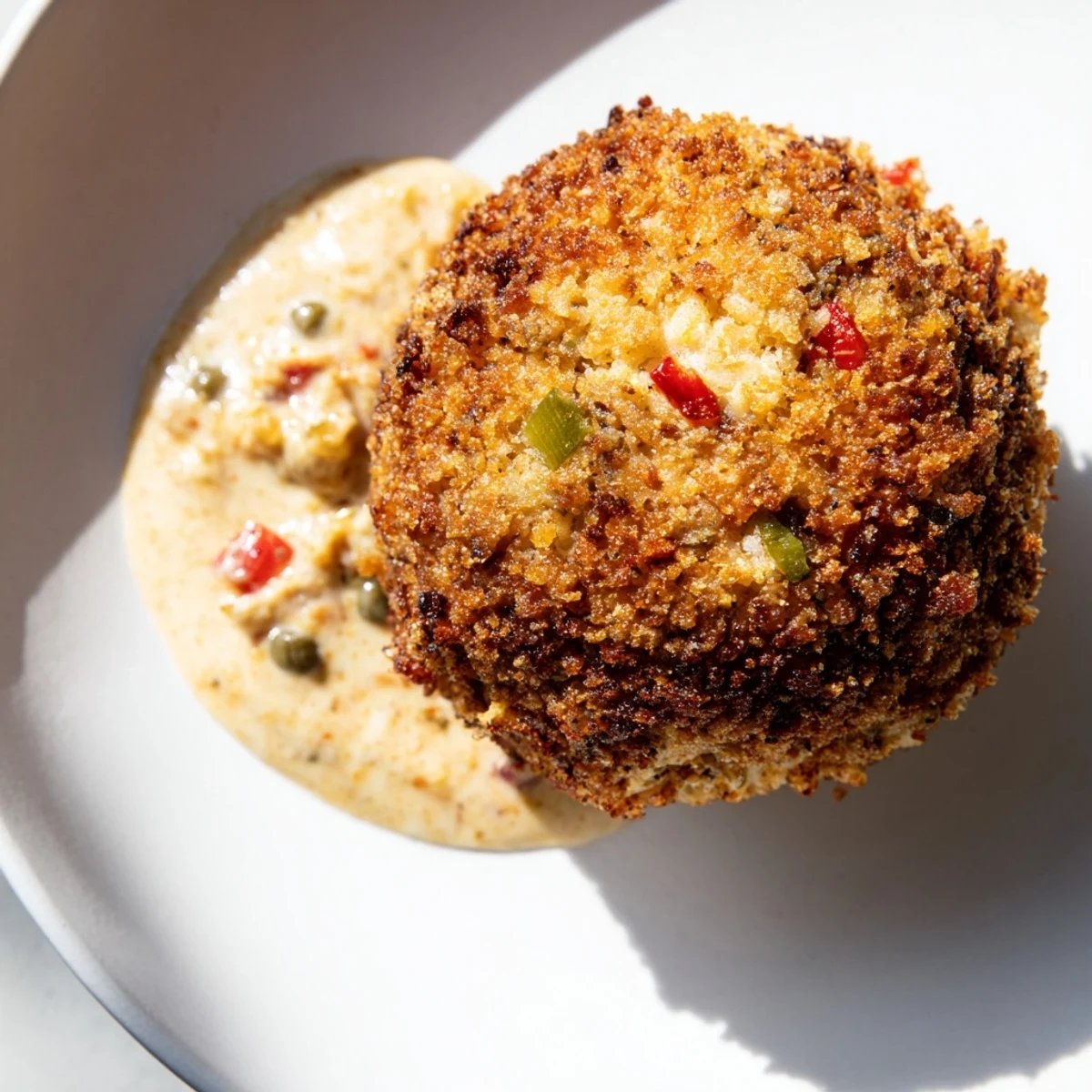 Golden, crispy Mardi Gras Crab Cakes paired with a creamy, zesty remoulade sauce on a rustic plate.  