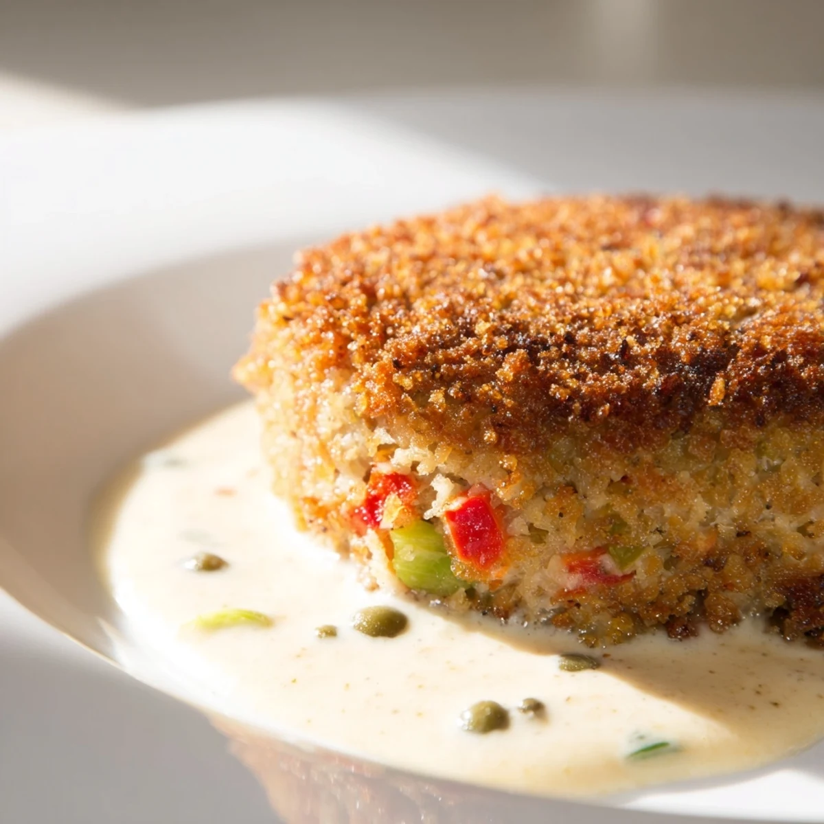 Plated Mardi Gras Crab Cakes garnished with parsley and lemon wedges, served alongside vibrant remoulade sauce.