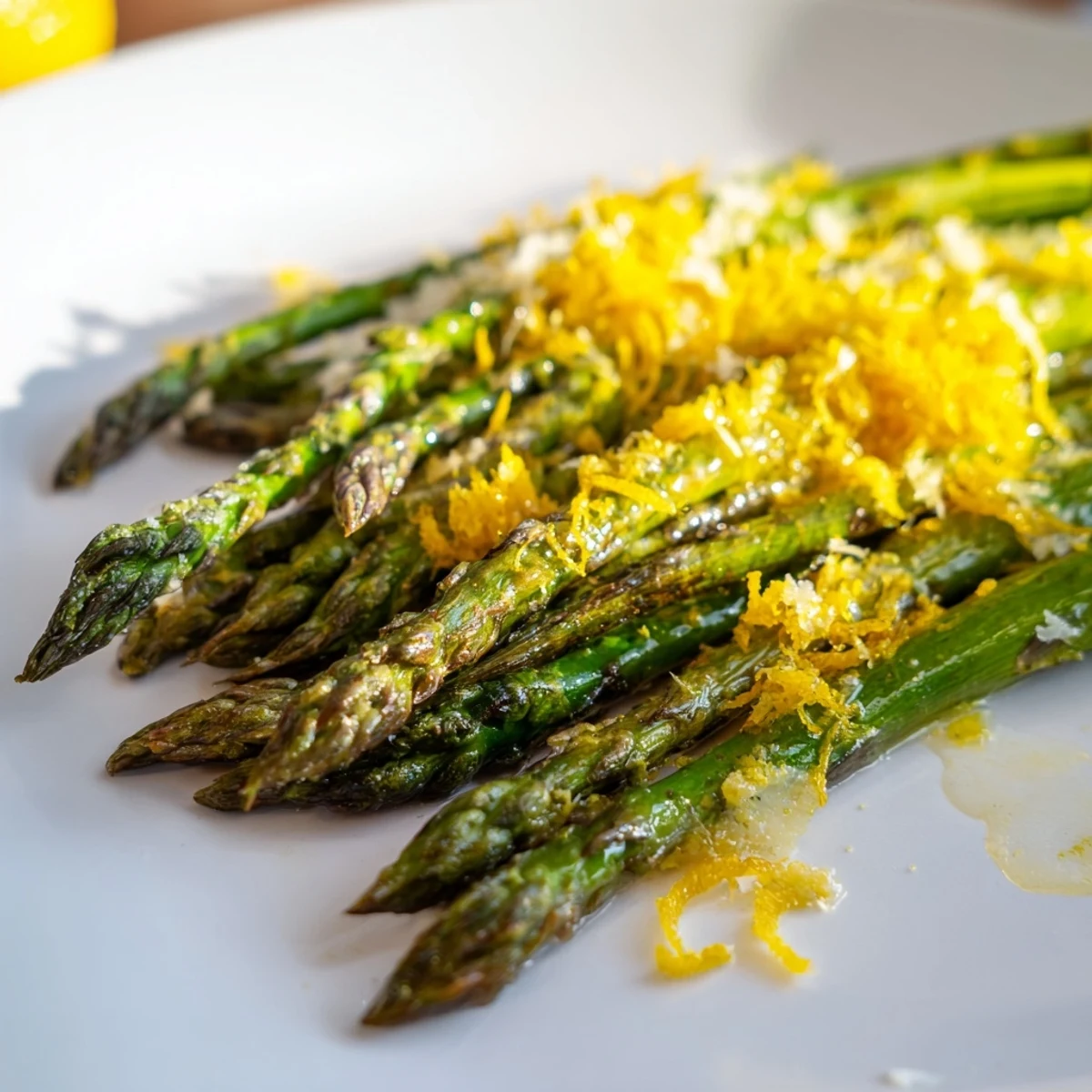 Golden-brown roasted asparagus spears with lemon zest and Parmesan, plated beside grilled chicken for dinner.
