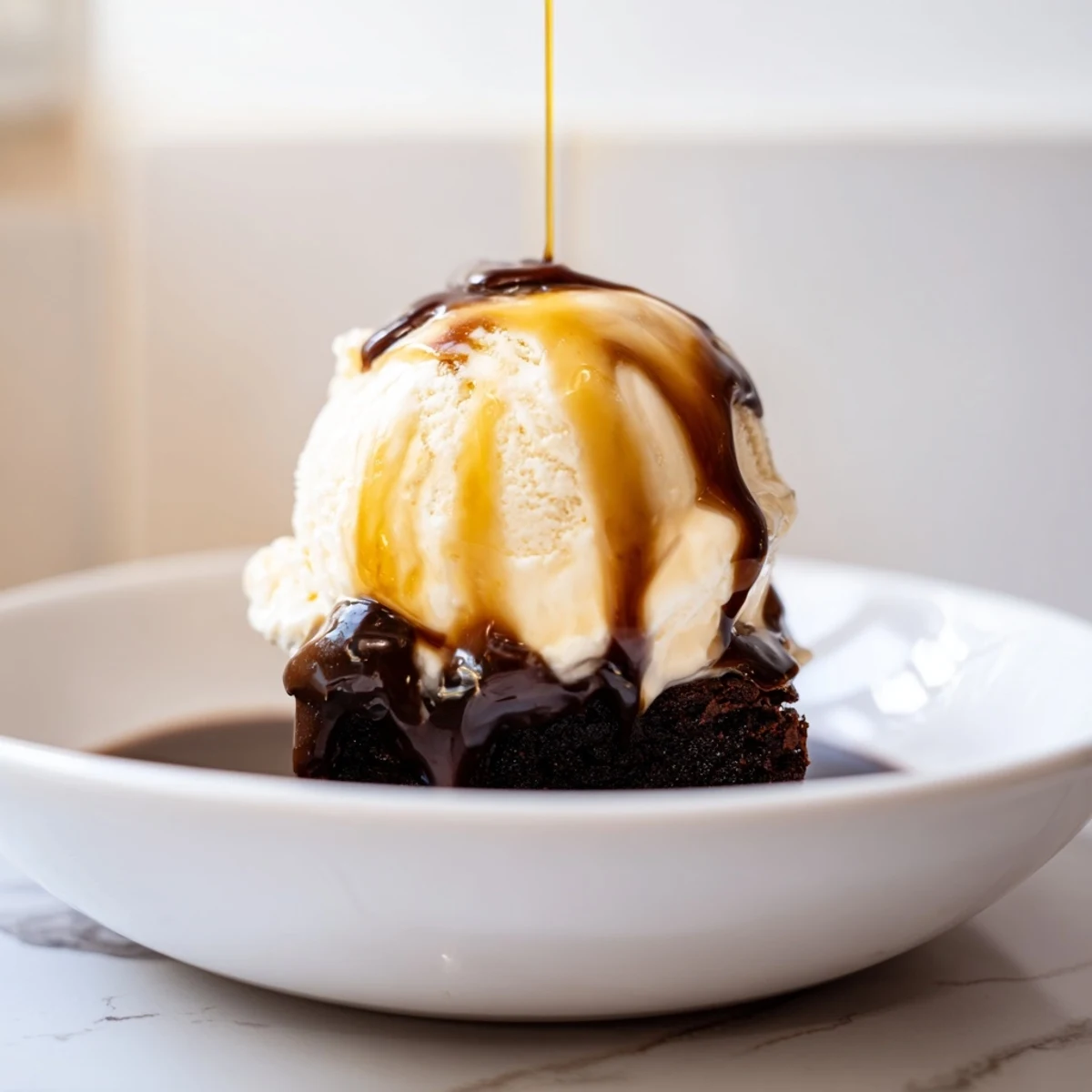 Chocolate Brownie Sundae with hot fudge and vanilla ice cream, crowned with whipped cream and a cherry.