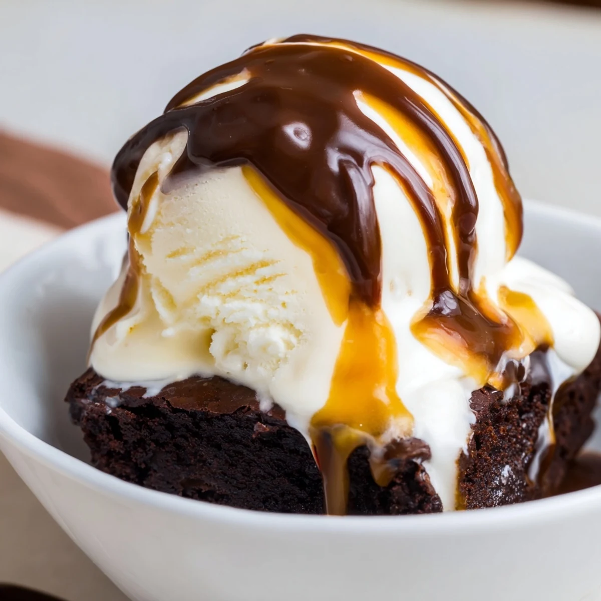 Decadent Chocolate Brownie Sundae featuring toasted nuts and a maraschino cherry, ready to serve immediately for indulgence.
