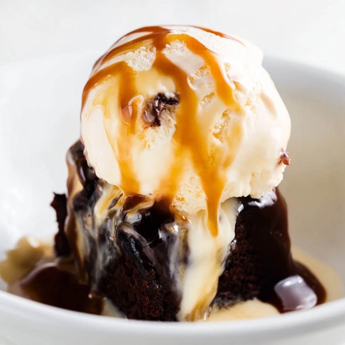 A generous scoop of vanilla ice cream melting over a rich brownie, drizzled with warm, glossy hot fudge.