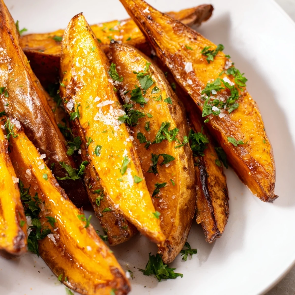 A close-up of Crispy Sweet Potato Wedges showcasing their tender orange centers and crunchy, golden edges speckled with herbs.