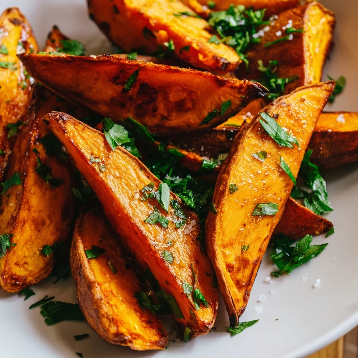 Golden-brown Crispy Sweet Potato Wedges with a seasoned crust, arranged on a parchment-lined baking sheet ready to serve.