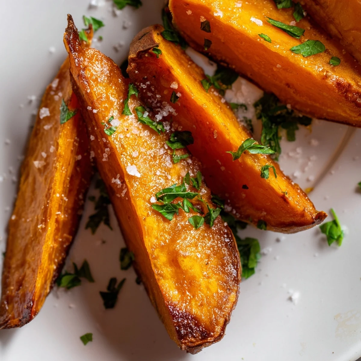 Freshly baked Crispy Sweet Potato Wedges garnished with chopped parsley and flaky sea salt, perfect for dipping.