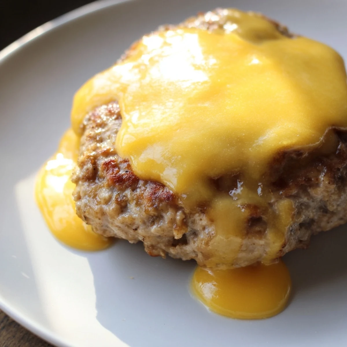 Overhead view of a Turkey Cheese Burger on Bun, served with ketchup and mustard on a rustic wooden board.