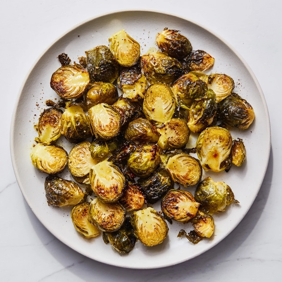 Golden roasted Brussels sprouts halves arranged in a single layer on a baking sheet, their edges crisp and caramelized from high-heat roasting.