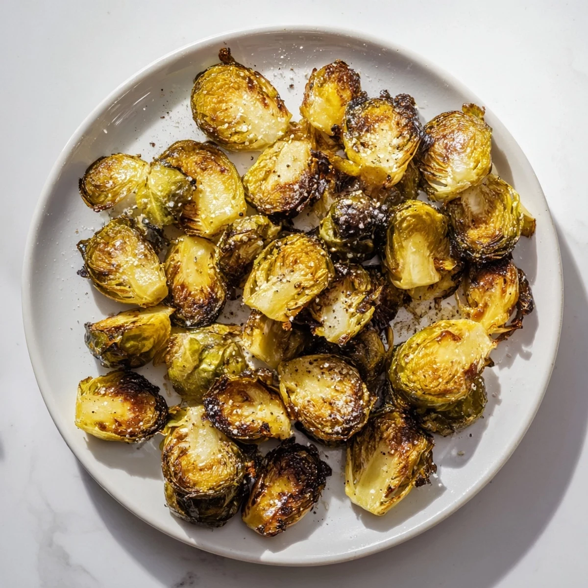 A close-up view of roasted Brussels sprouts halves showing their tender green centers and charred, crispy outer leaves on a white plate.