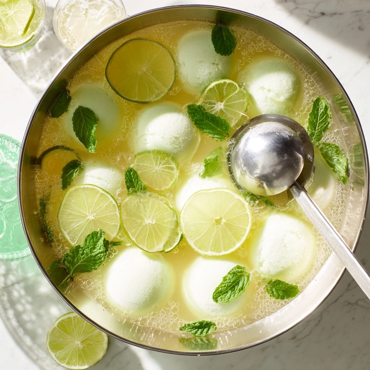 Close-up view of Green Lime Sherbet Punch, with creamy scoops of lime sherbet melting into fizzy soda over ice.