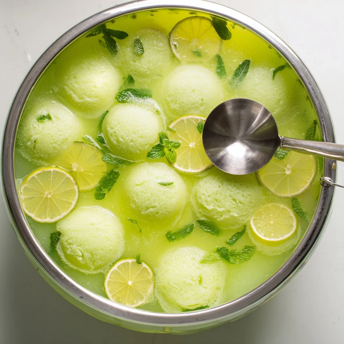 A chilled glass of vibrant Green Lime Sherbet Punch, garnished with fresh mint and a lime slice, perfect for summer gatherings.