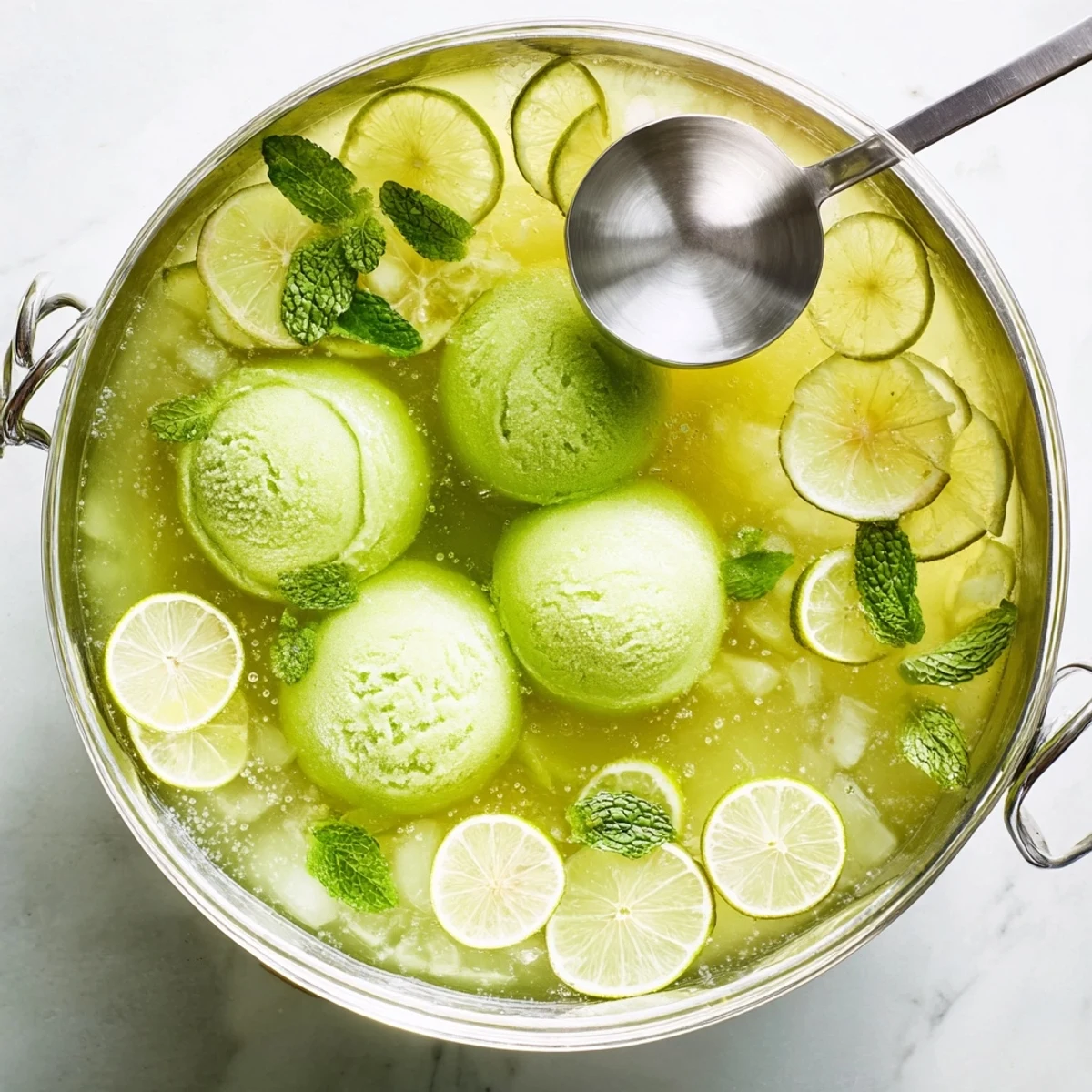 Frothy Green Lime Sherbet Punch in a clear glass, garnished with fresh mint and lime, ideal for parties.