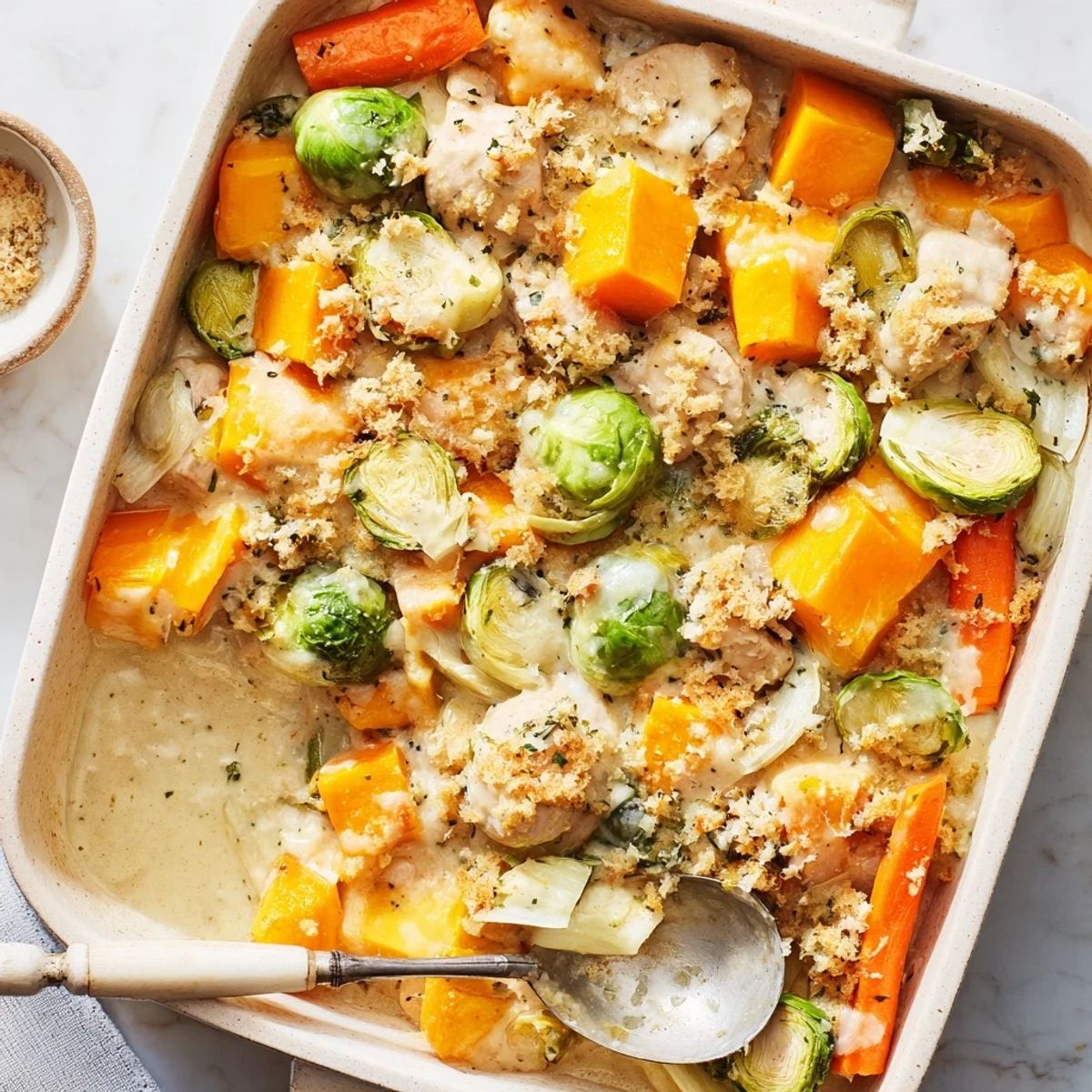 Golden-brown Winter Dish Casserole Bake with bubbling cheese and roasted vegetables on a rustic table.