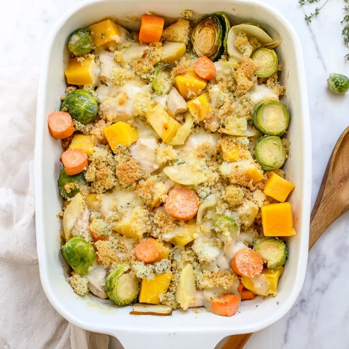 Close-up of Winter Dish Casserole Bake featuring creamy herb sauce, tender chicken, and crispy topping.