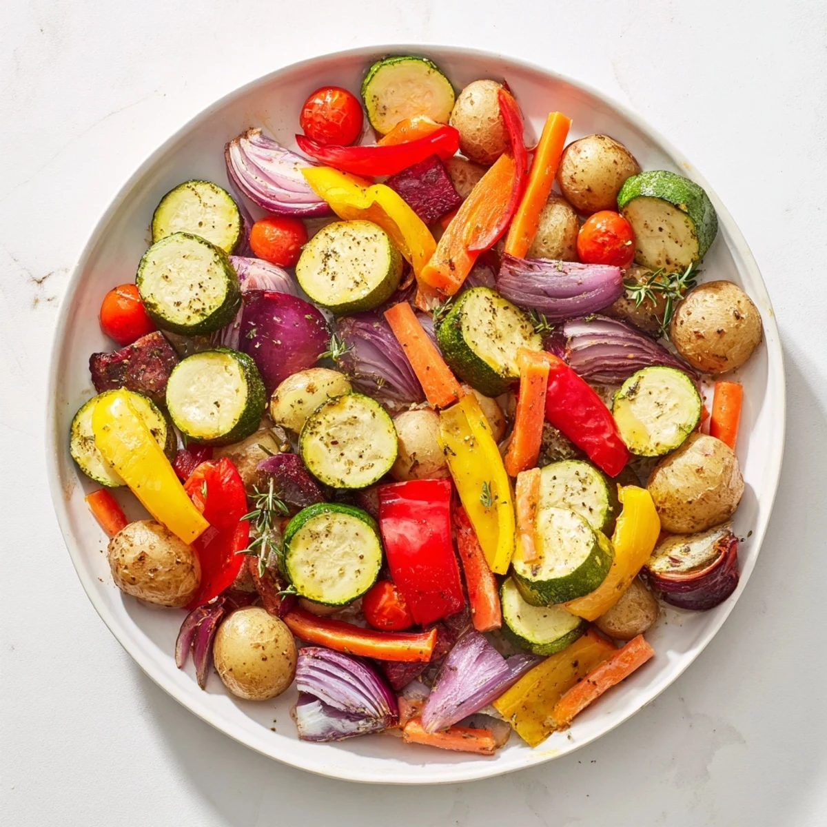 Vibrant golden Roasted Vegetable Medley Pan with caramelized edges and fresh herbs on a rustic serving board.