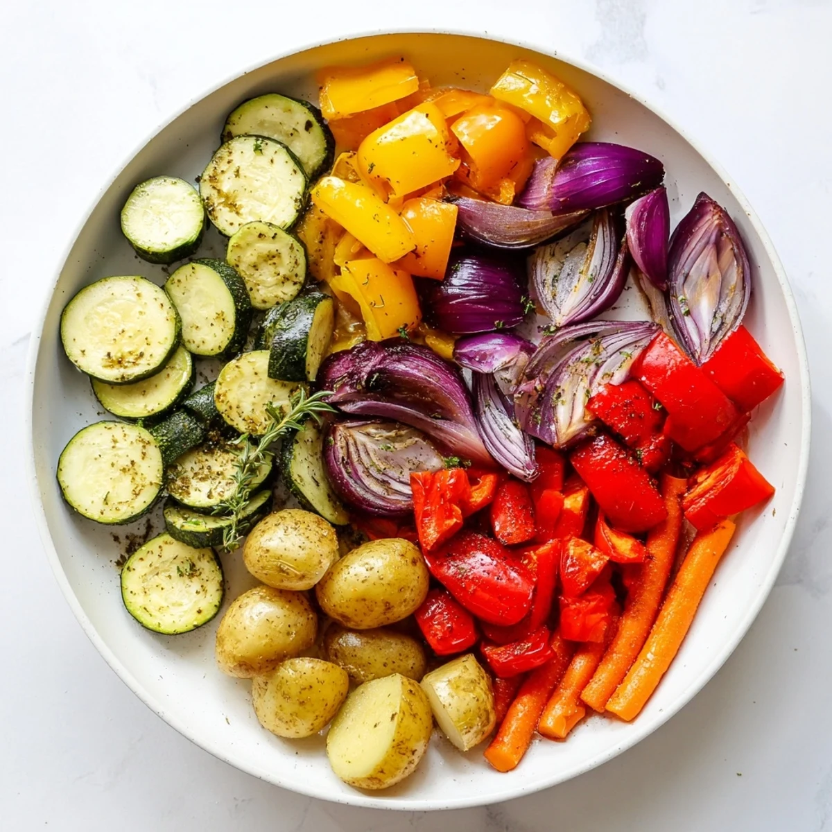 Colorful Roasted Vegetable Medley Pan served hot alongside fluffy quinoa and lemon wedges for a healthy dinner.