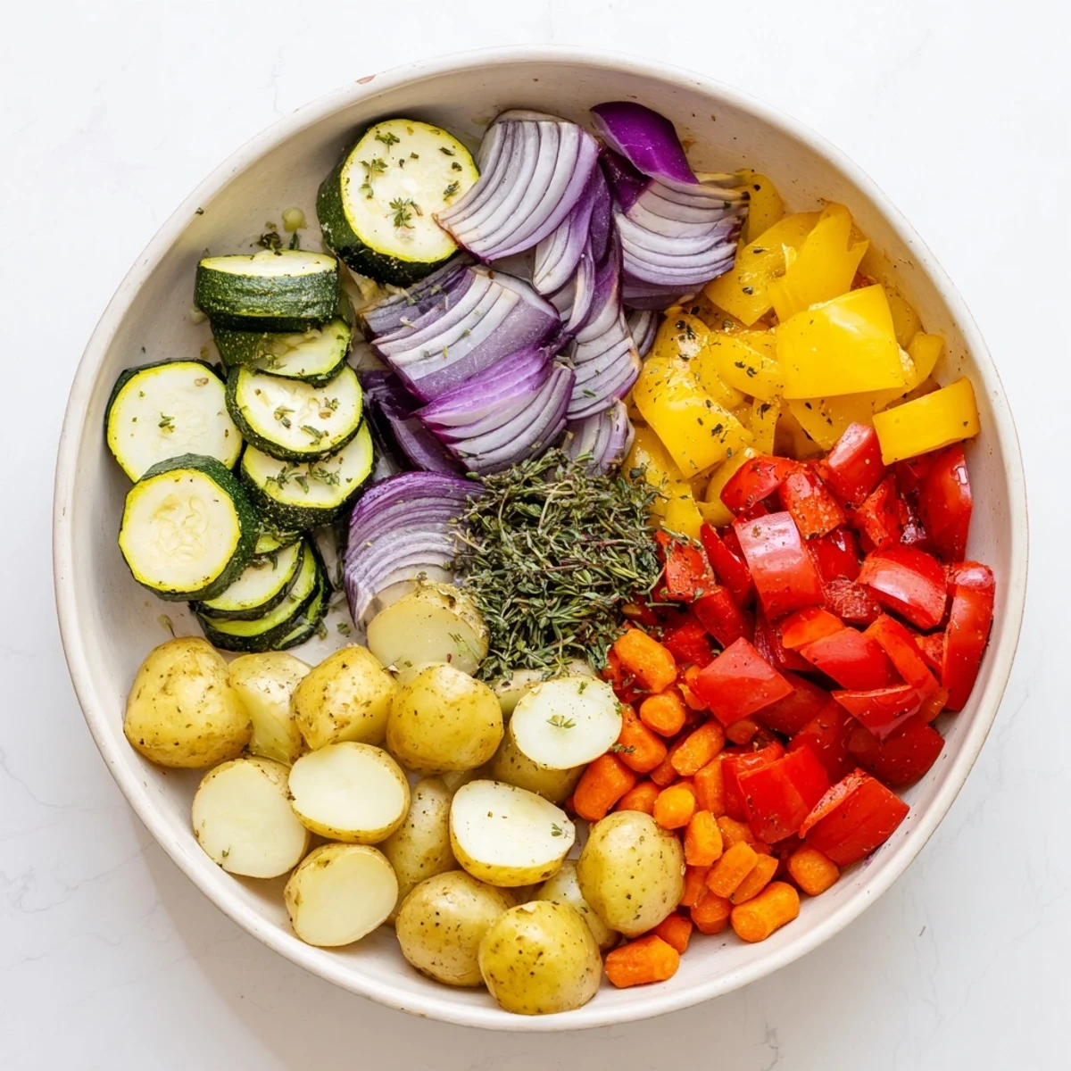 Roasted Vegetable Medley Pan oven-baked with rosemary, garlic, and bell peppers, steaming on a white ceramic platter.