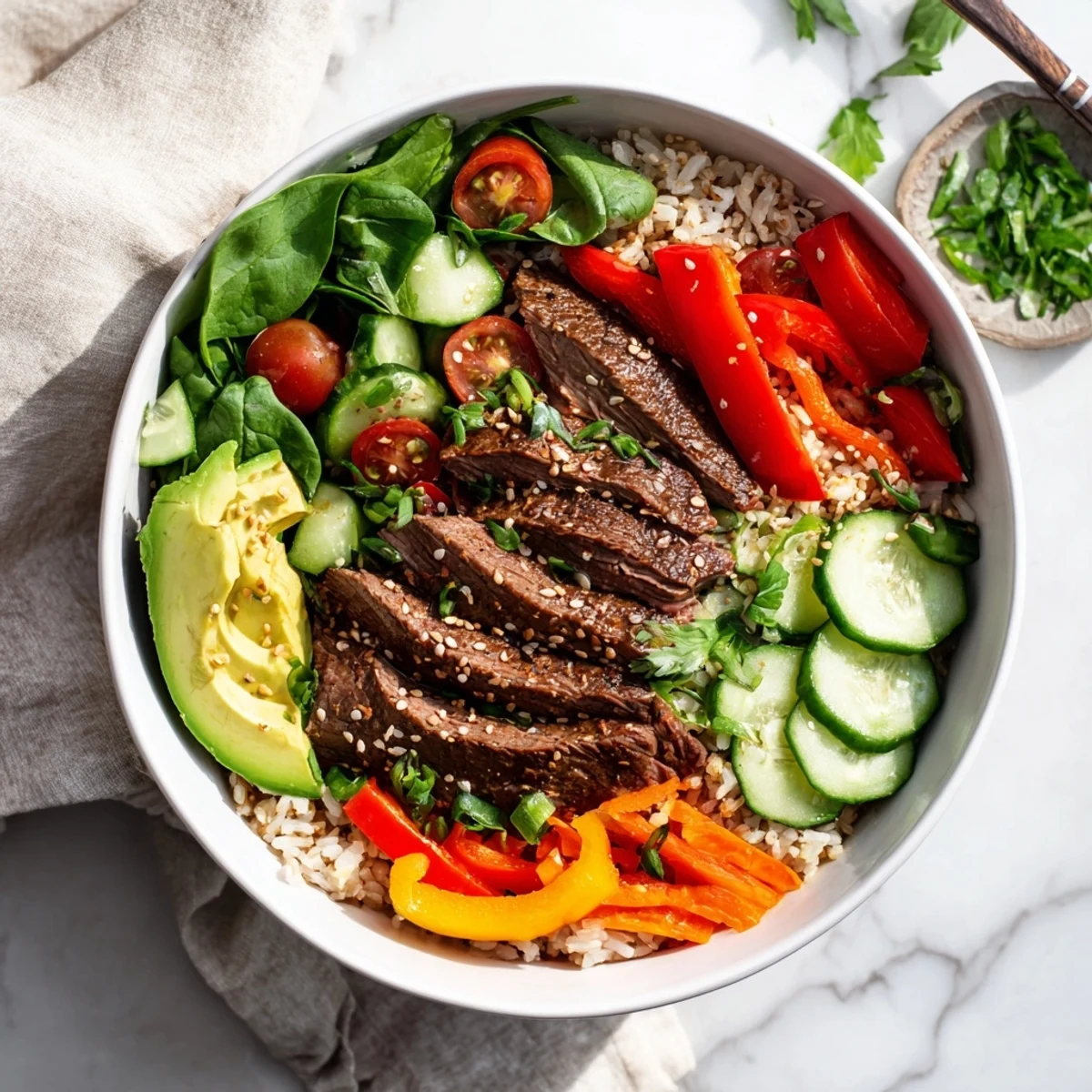 Bright cherry tomatoes and crunchy cucumbers top a vibrant Beef Meal Bowl with Grains, drizzled with lemon dressing.