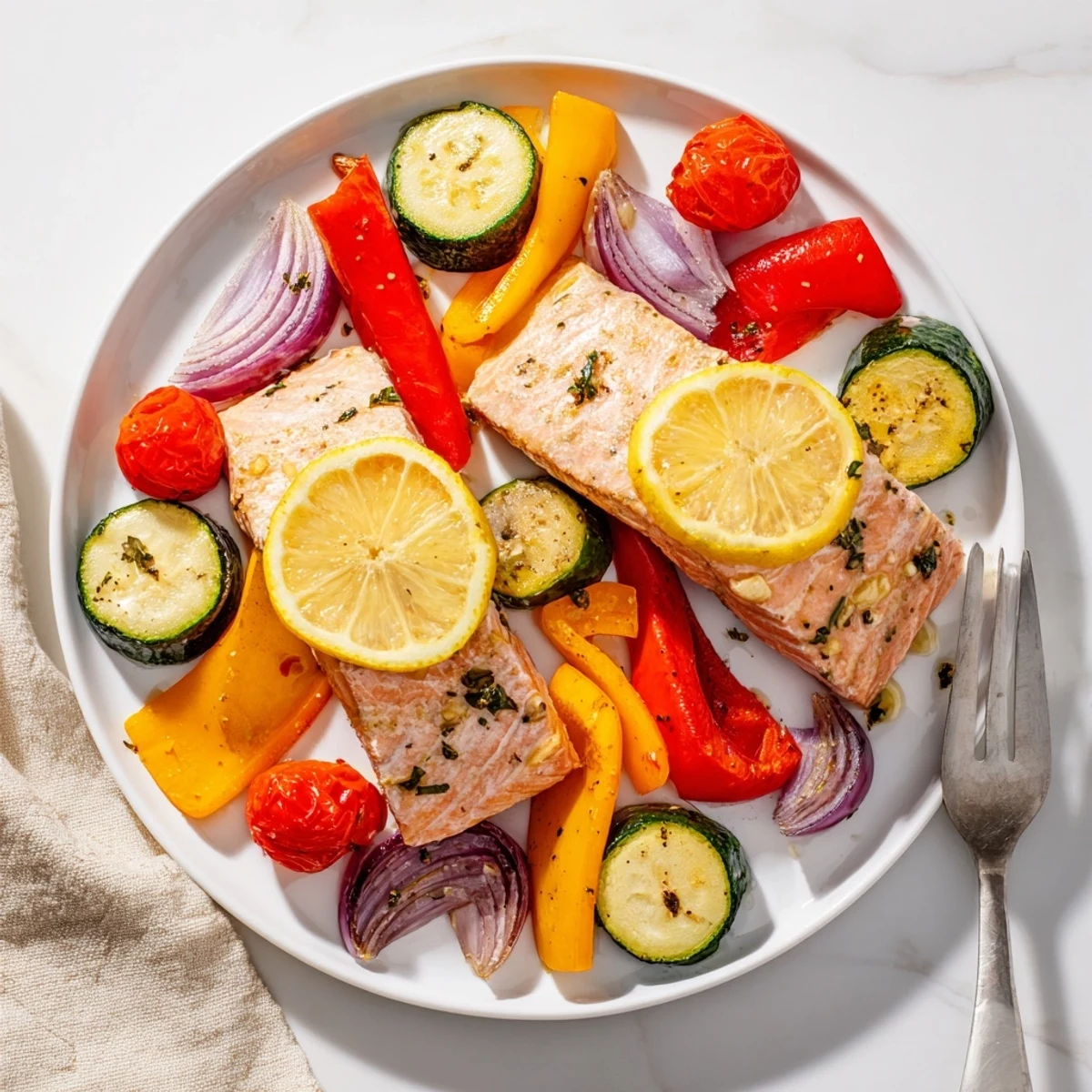 Tender baked salmon fillets with roasted bell peppers, zucchini, and tomatoes, all seasoned with lemon and garlic on a single sheet pan.