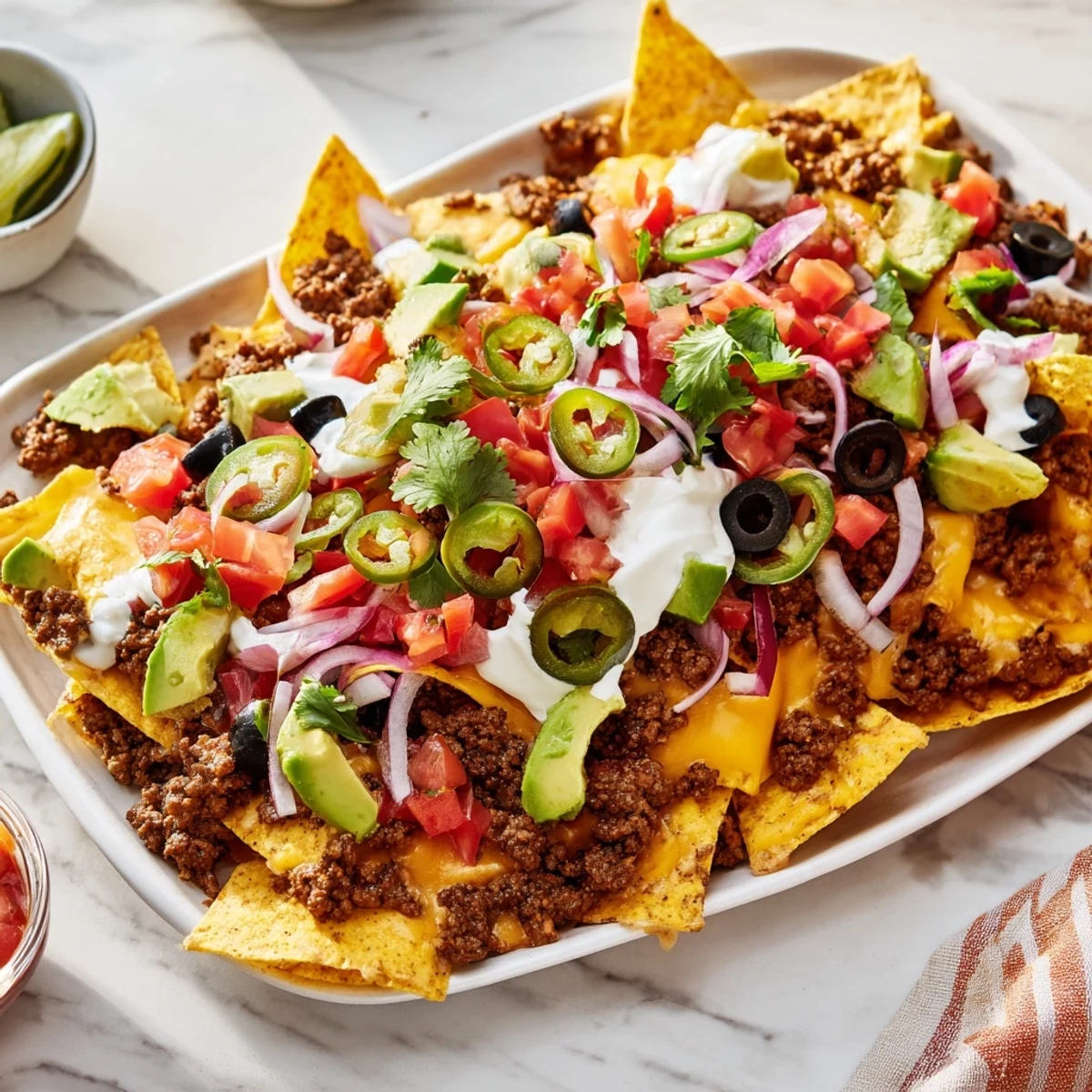 Close-up of a loaded Super Bowl Nacho Platter with beef, cheeses, olives, and lime wedges for sharing.