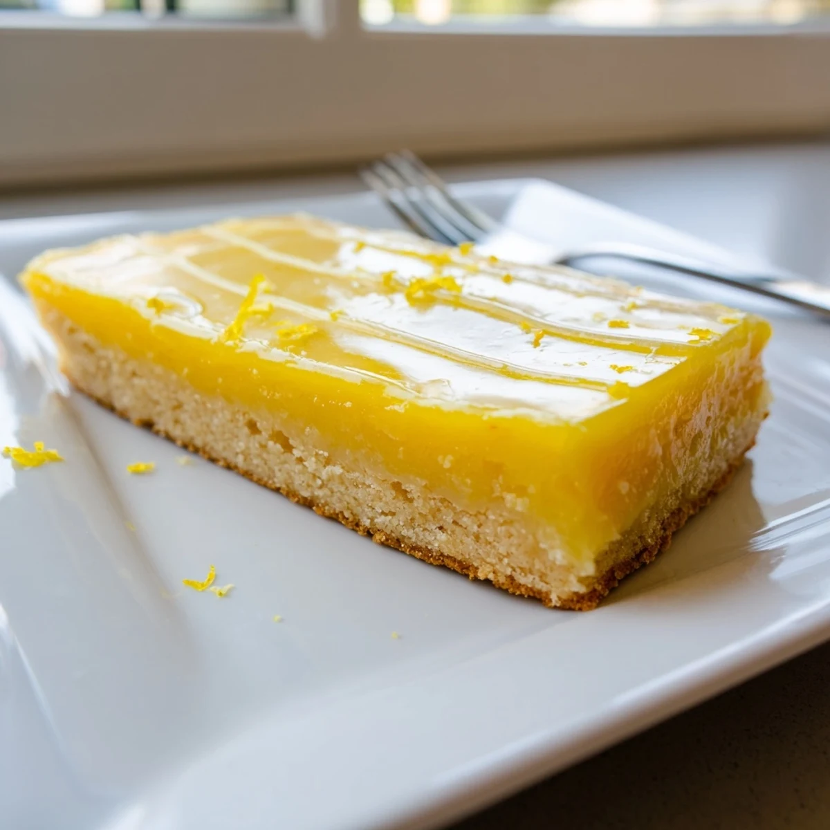 Golden Lemon Dessert Bars with a sweet, zesty glaze cut into neat squares on a white plate, showcasing the tangy filling and buttery shortbread crust.