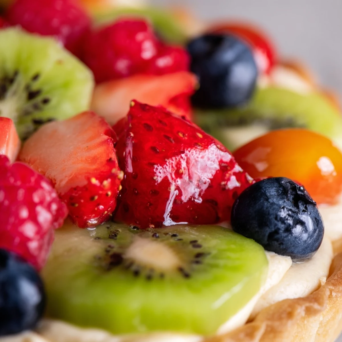 A slice of Valentine Fruit Tart with glossy apricot-glazed strawberries, raspberries, blueberries, and kiwi on a creamy vanilla filling.