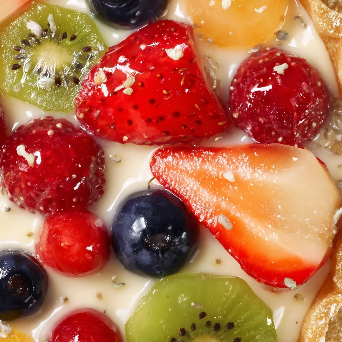 Close-up of a slice of Valentine Fruit Tart, buttery crust and silky pastry cream topped with vibrant berries perfect for sharing.