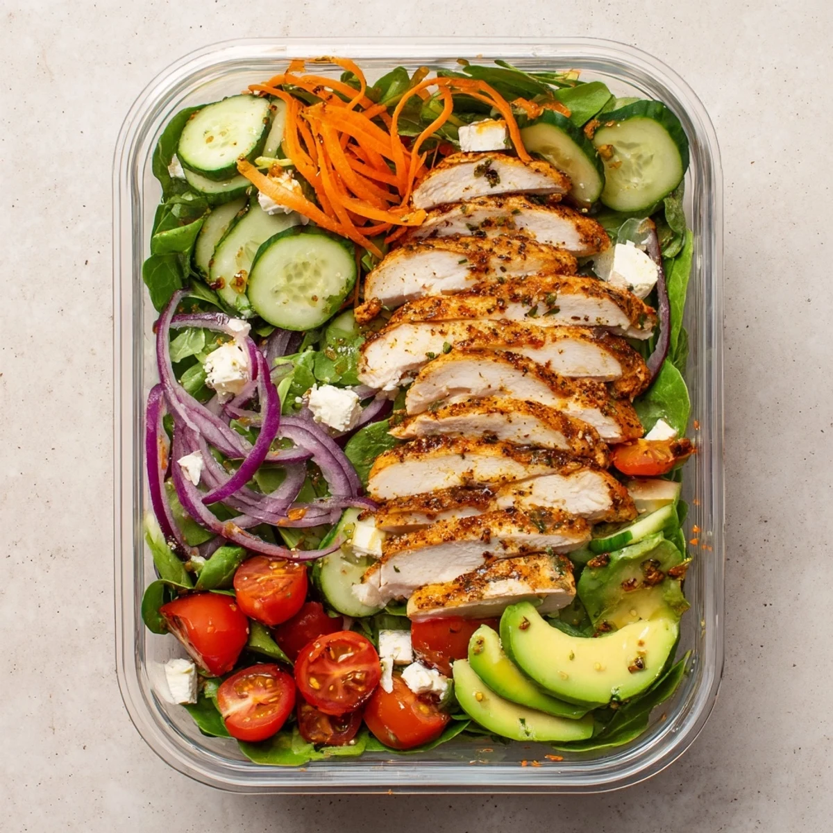 Chicken Meal Prep Salad layered with vibrant greens, grilled chicken, and cherry tomatoes, ready to eat.