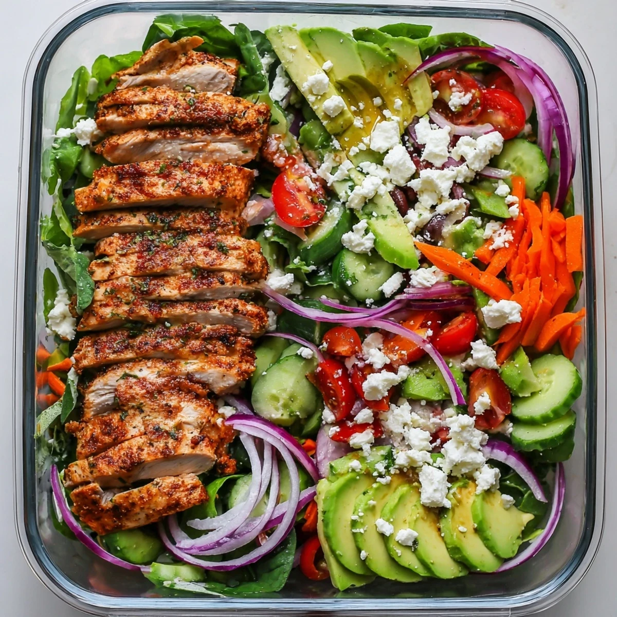 A delicious Chicken Meal Prep Salad featuring tender grilled chicken atop fresh, colorful salad ingredients.