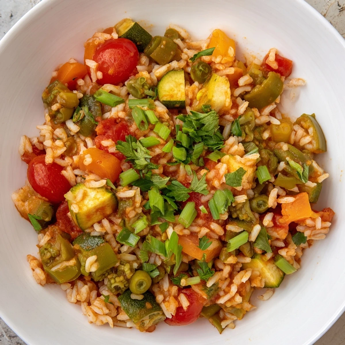 A steaming bowl of Mardi Gras Veggie Jambalaya brims with red rice, diced peppers, and tender okra, garnished with fresh parsley.
