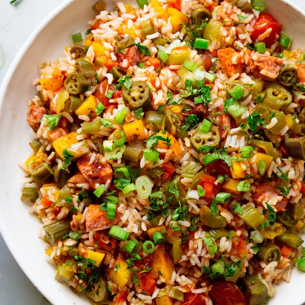 Mardi Gras Veggie Jambalaya in a rustic skillet features colorful Creole vegetables and spices, ready for a festive family dinner.