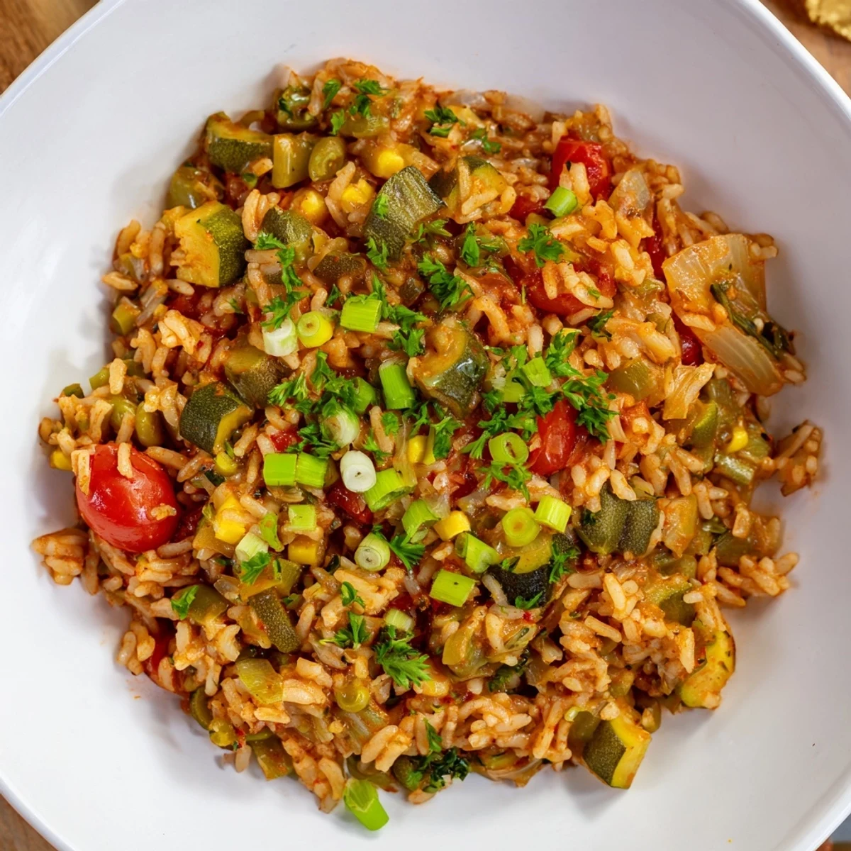Close-up of Mardi Gras Veggie Jambalaya revealing fluffy rice, cherry tomatoes, and green onions, paired with hot sauce on the side.