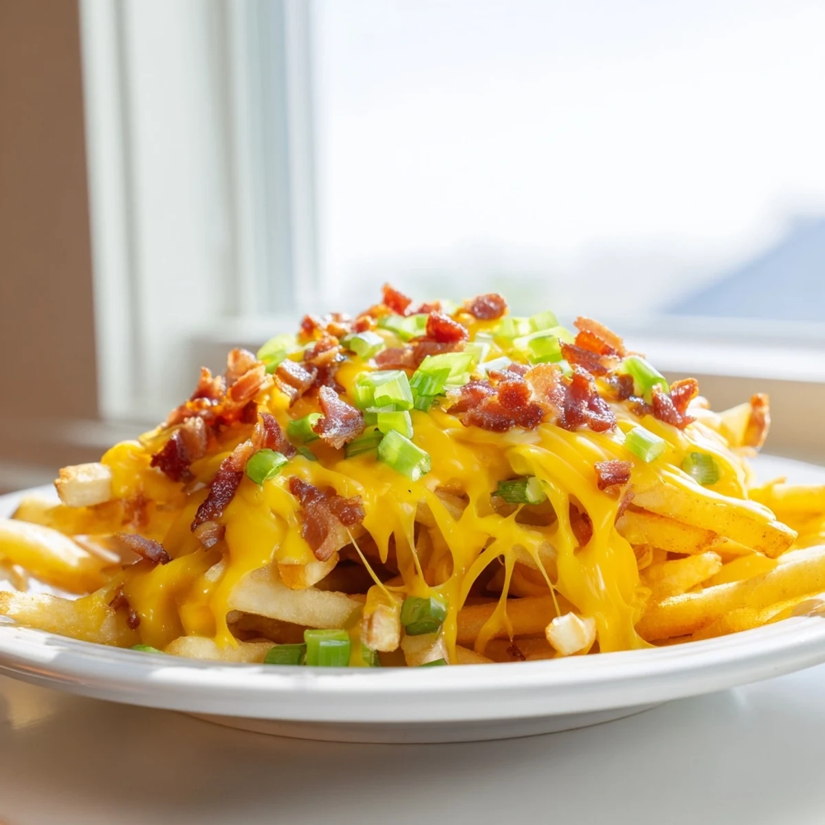 Super Bowl Cheese Fries with Beef Bacon served hot and bubbling with melted cheddar and crispy bacon bits.  