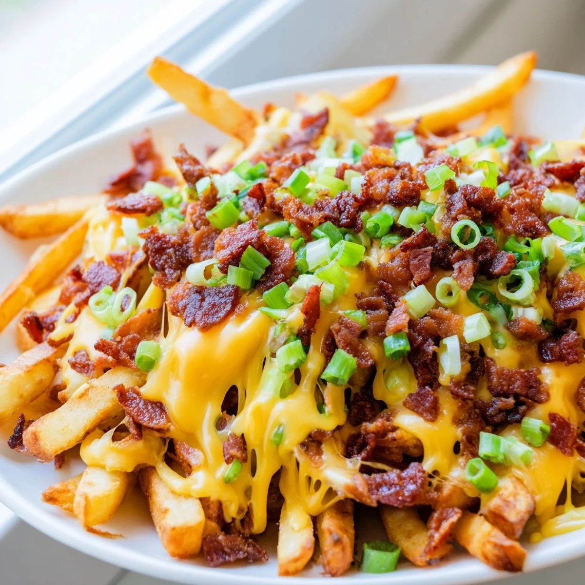 Oven-baked Super Bowl Cheese Fries with Beef Bacon topped with green onions and optional jalapeño slices.  