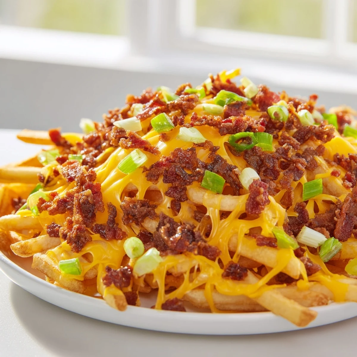 Loaded Super Bowl Cheese Fries with Beef Bacon and sour cream, ideal for game day snacking.