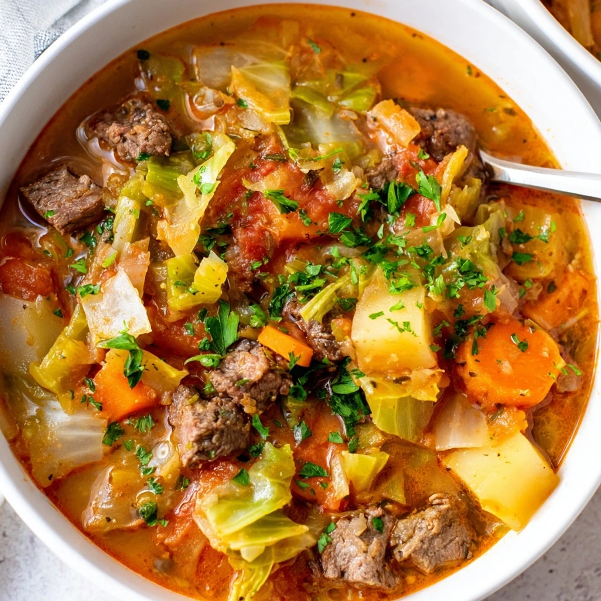 St. Patricks Day Cabbage and Beef Soup simmers in a pot, featuring halal beef, vibrant vegetables, and fresh parsley garnish.