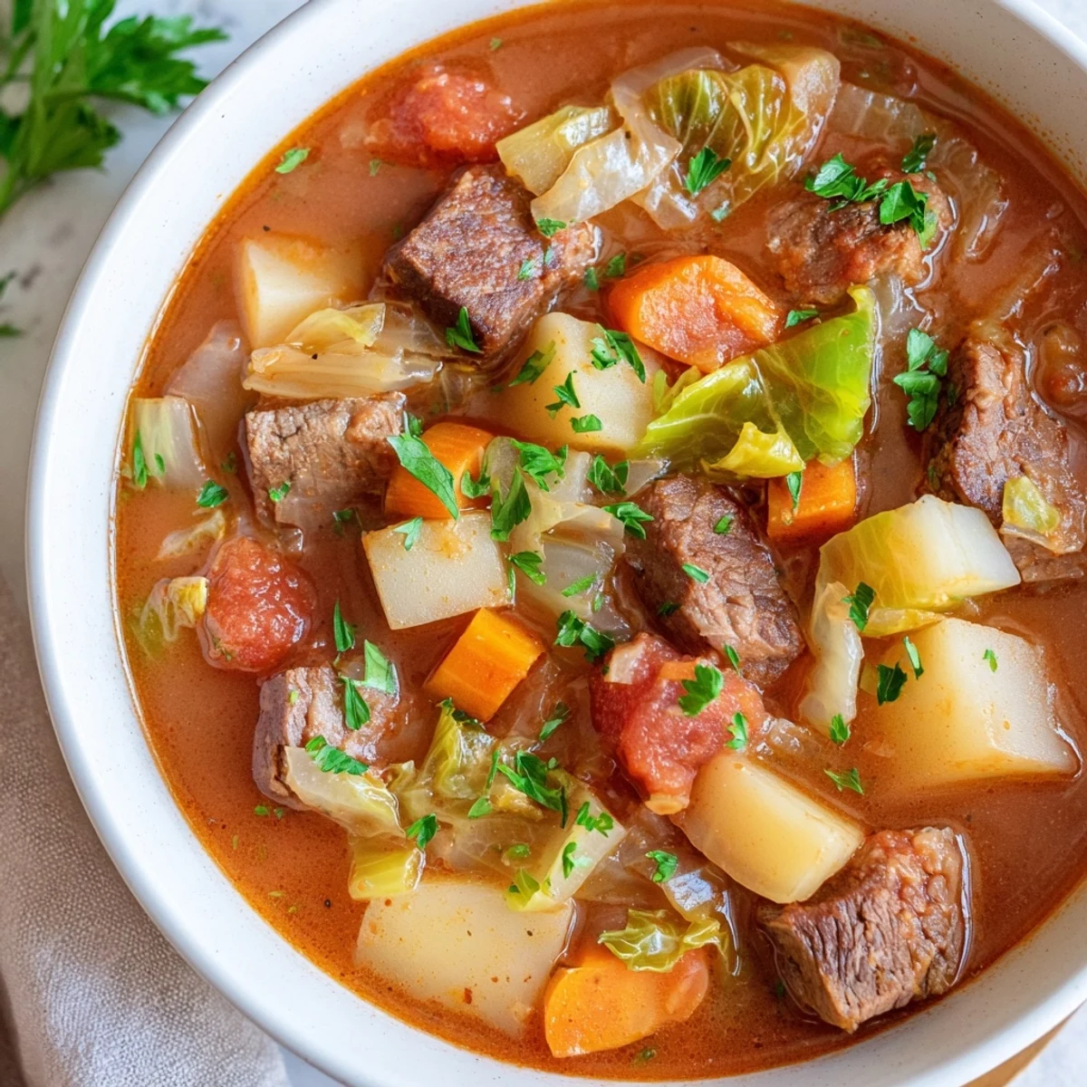 Hearty St. Patricks Day Cabbage and Beef Soup served in a rustic bowl, alongside crusty bread for a comforting family meal.
