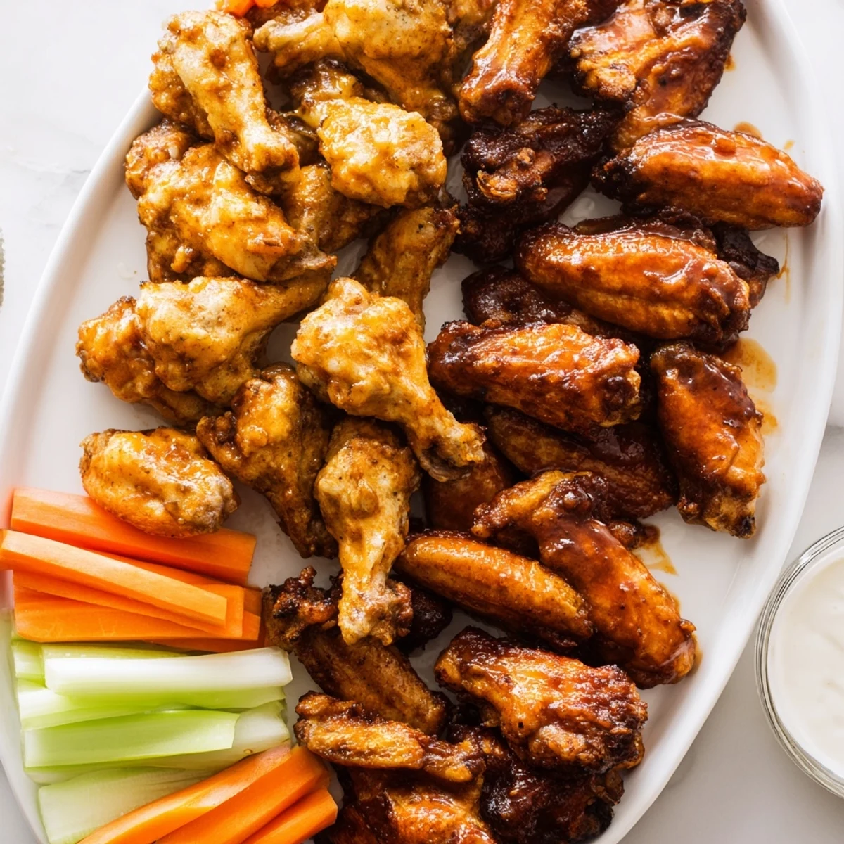 A close-up of crispy golden Big Game Wing Platter with Sauces, featuring Buffalo, honey barbecue, and ranch dips with fresh celery sticks.