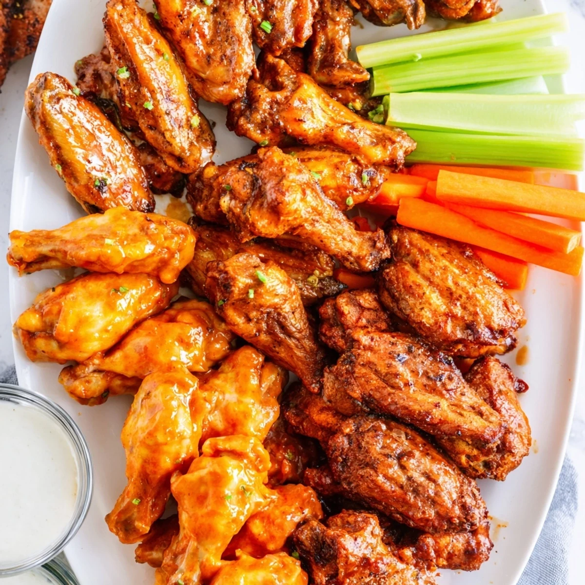 A serving platter of hot, crispy chicken wings tossed in three sauces, with ranch, honey BBQ, and Buffalo for game day sharing.