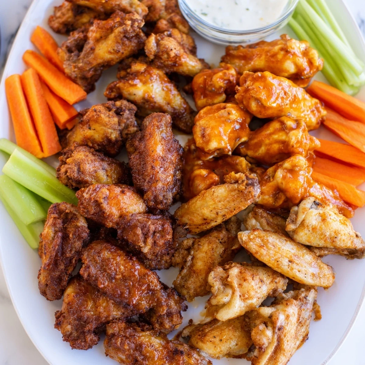 Golden baked wings on a platter with dipping sauces and crisp veggies, perfect for a lively American game day snack spread.