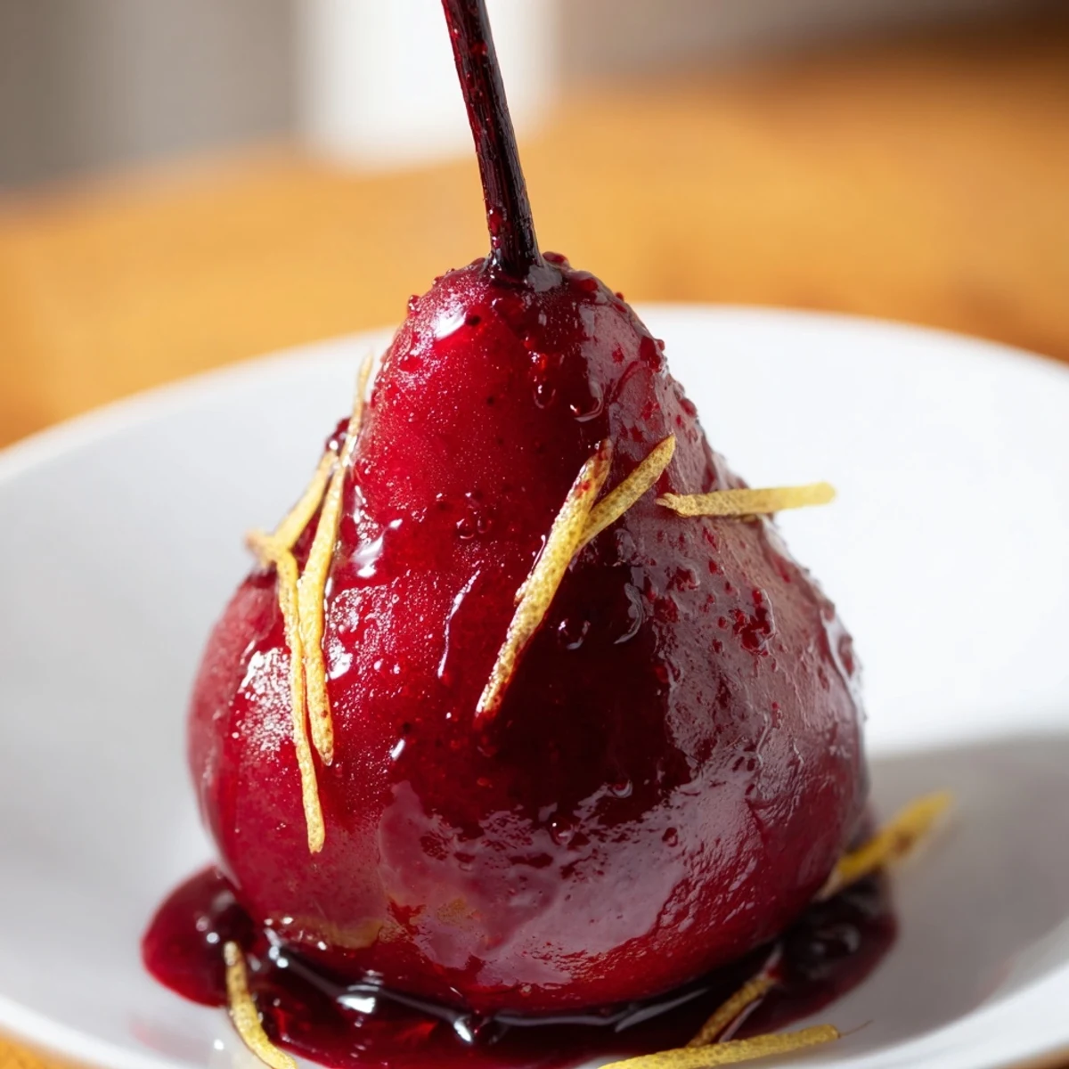 Delicate Bosc pears simmered gently in spiced grape juice, creating a glossy reduction for a romantic dessert served warm.