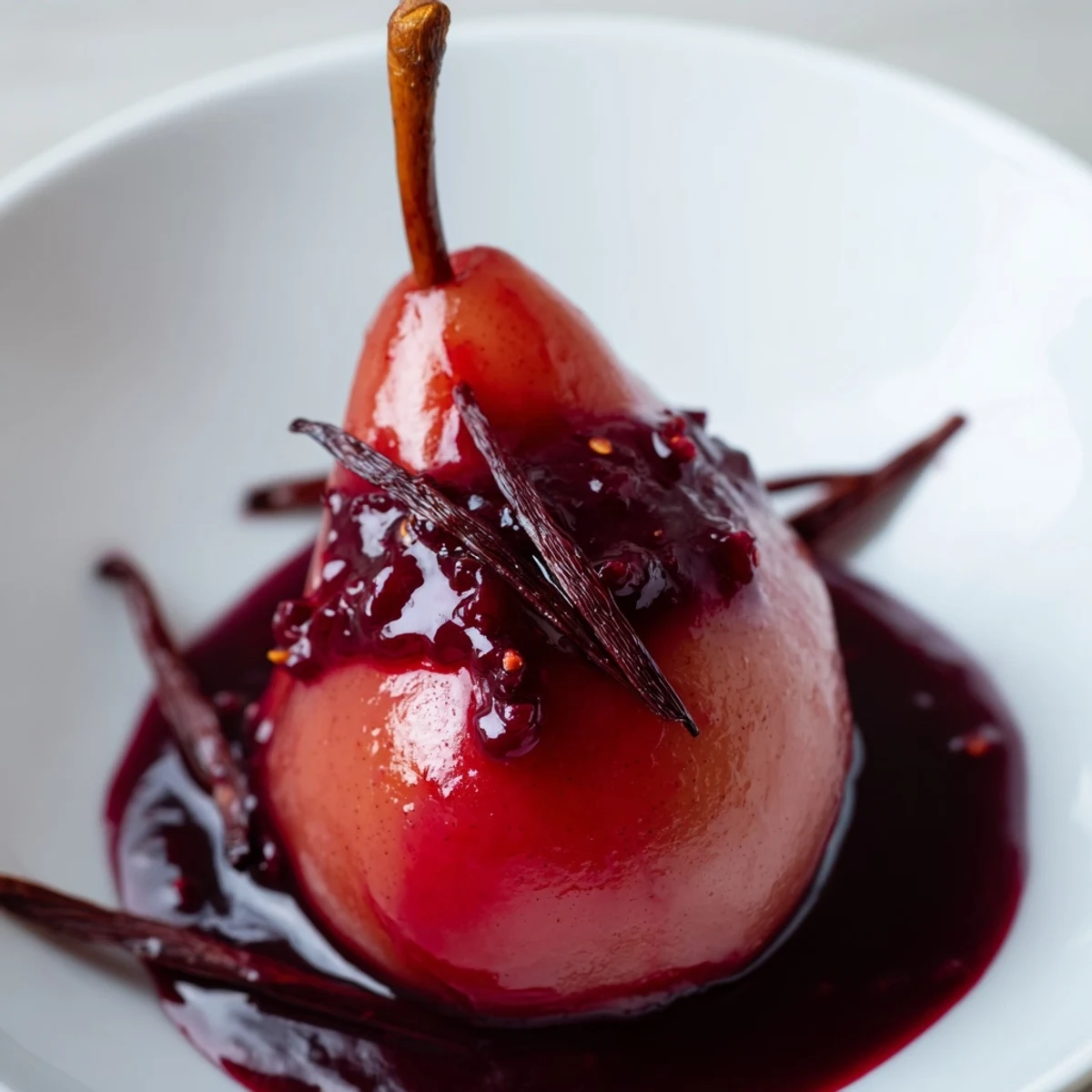 Gluten-free Romantic Poached Pears in Grape Juice, poached with cinnamon and vanilla, ready to serve chilled or warm with whipped cream.
