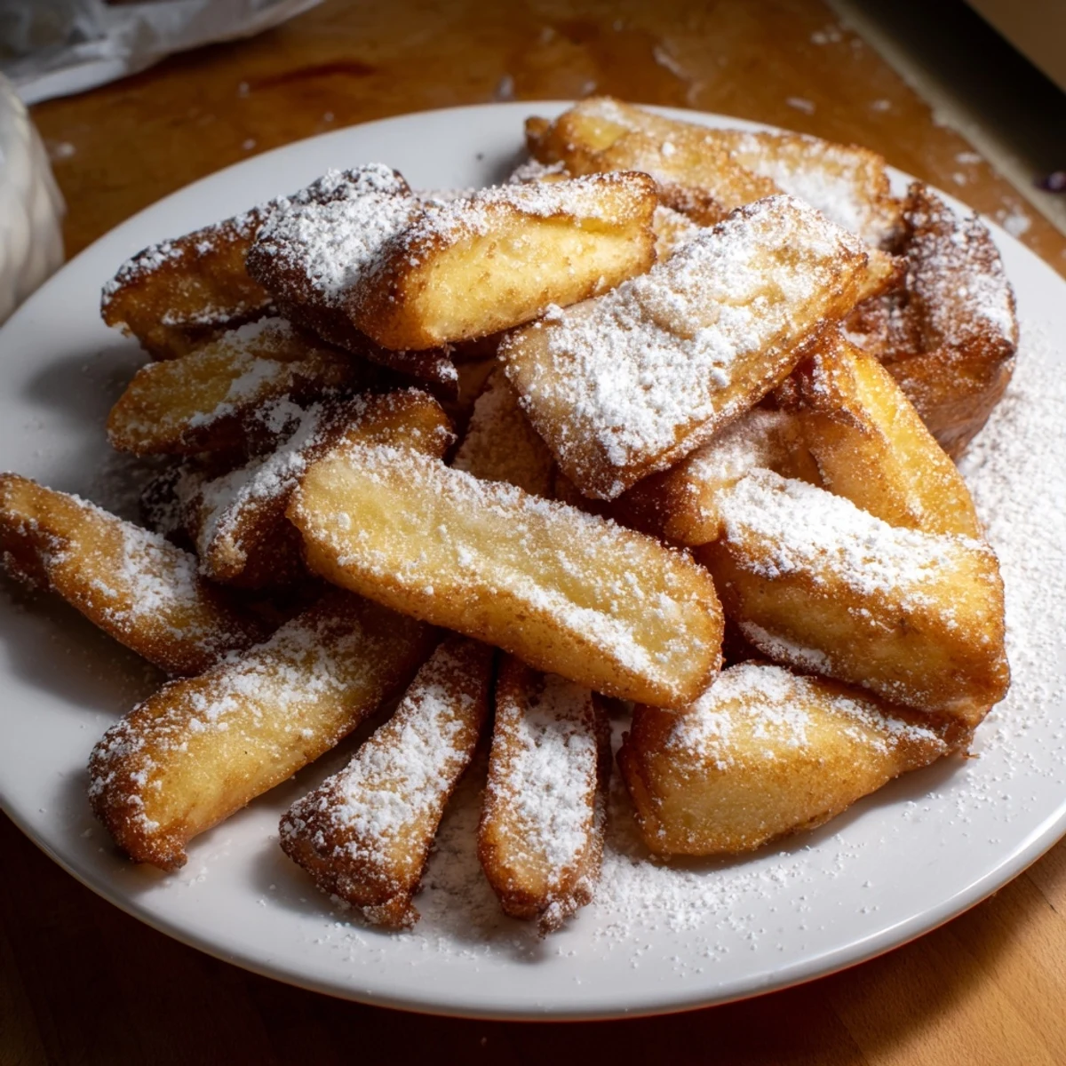 Golden brown New Orleans Beignet Fries with Sugar, piled high and dusted with powdered sugar for a sweet, pillowy treat.  