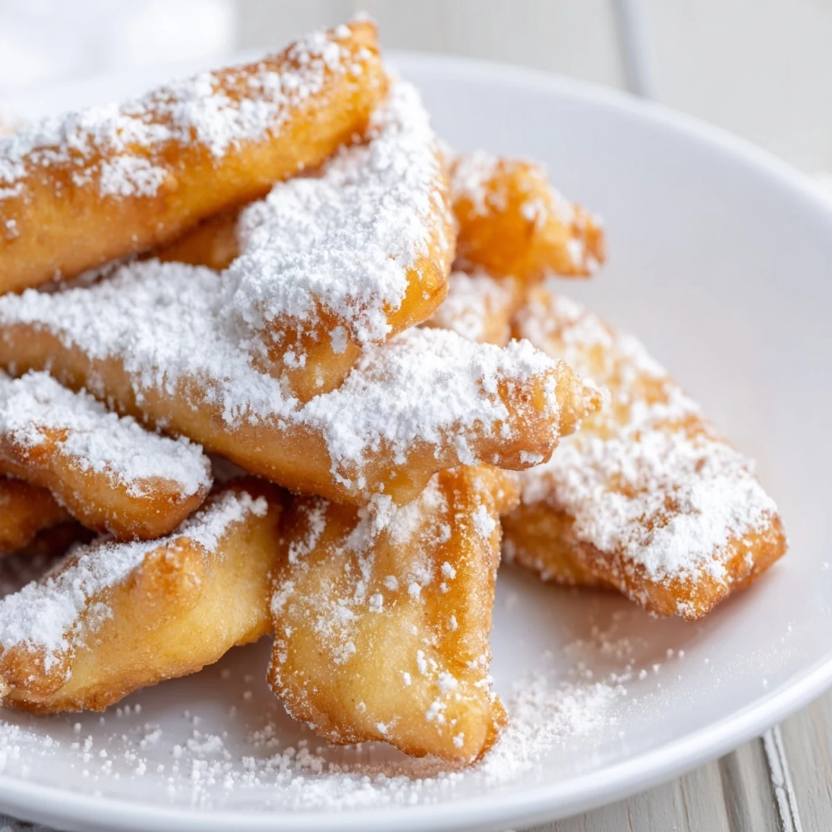 Freshly fried New Orleans Beignet Fries with Sugar, steaming on a plate and ready for dipping in chocolate sauce.  