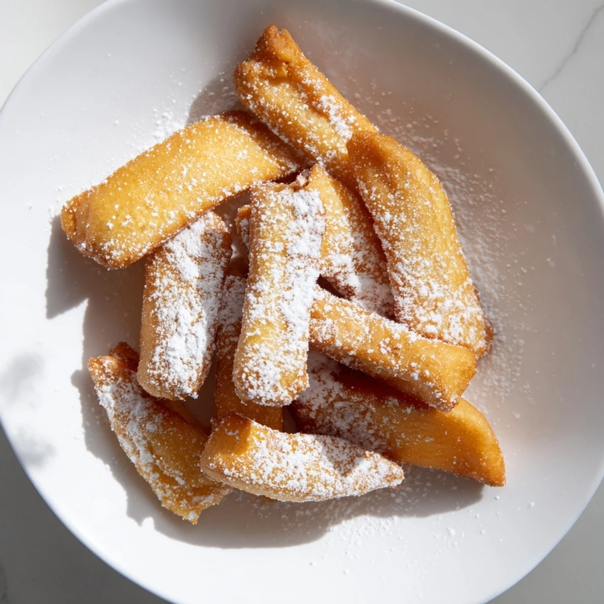 Warm, crispy New Orleans Beignet Fries with Sugar, served beside a cup of café au lait for brunch.