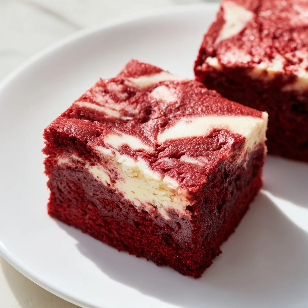 Rich, fudgy red velvet brownies with creamy cheesecake swirls topped with fresh raspberries on a marble board.  