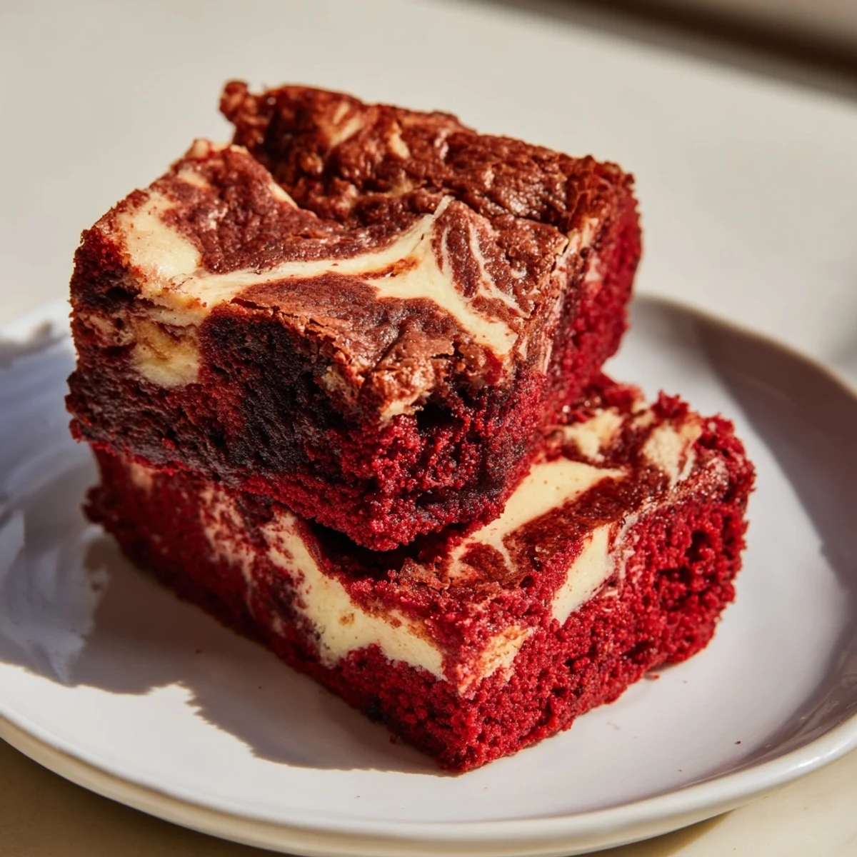 A close-up of red velvet brownies with cheesecake swirls, served warm with a drizzle of cream cheese frosting.