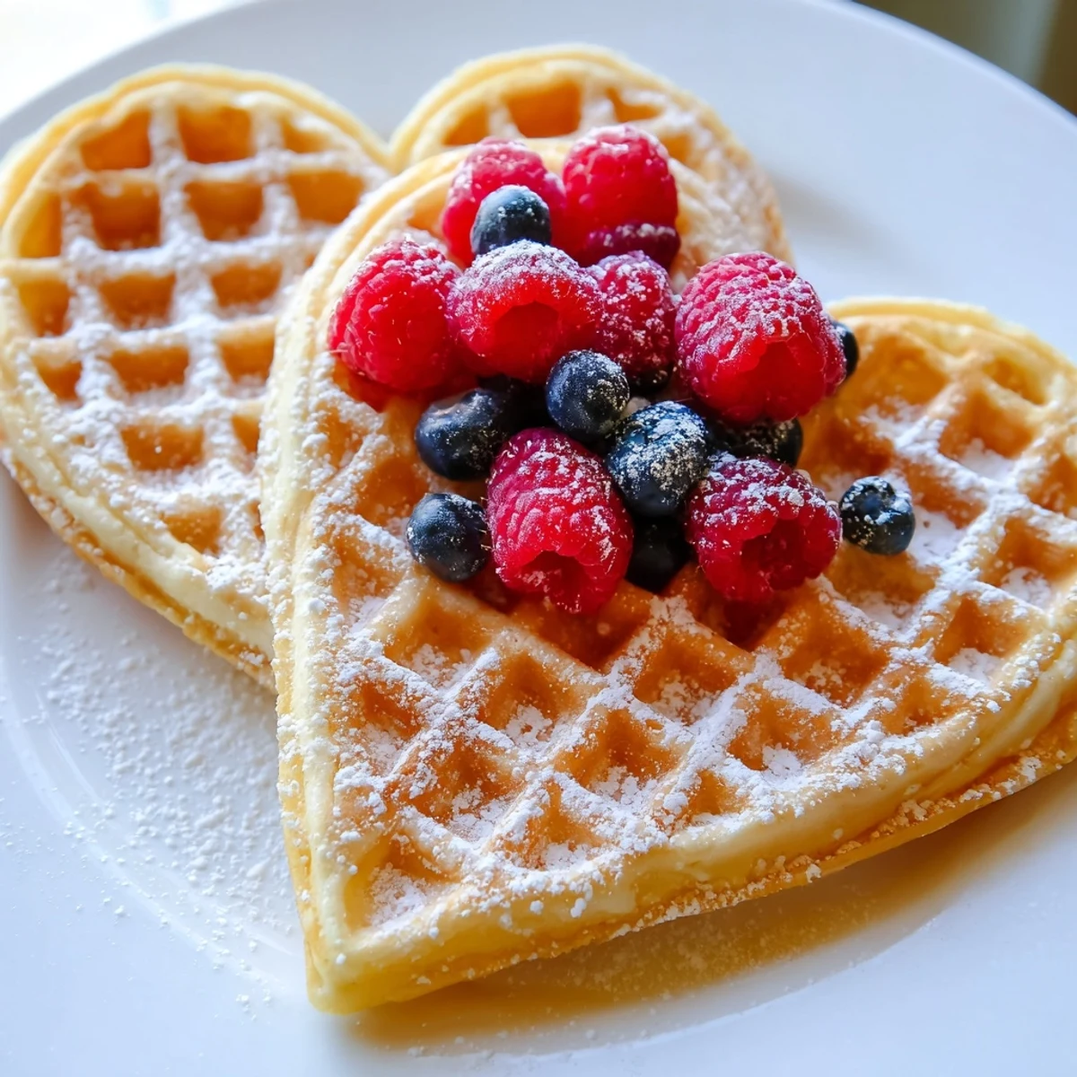 Golden-brown Sweetheart Heart Shaped Waffles steam next to a bowl of fresh strawberries and whipped cream.  