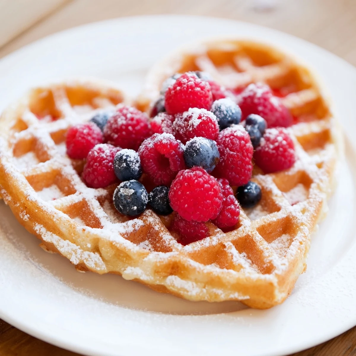 Freshly made Sweetheart Heart Shaped Waffles are stacked high and drizzled with warm maple syrup.  