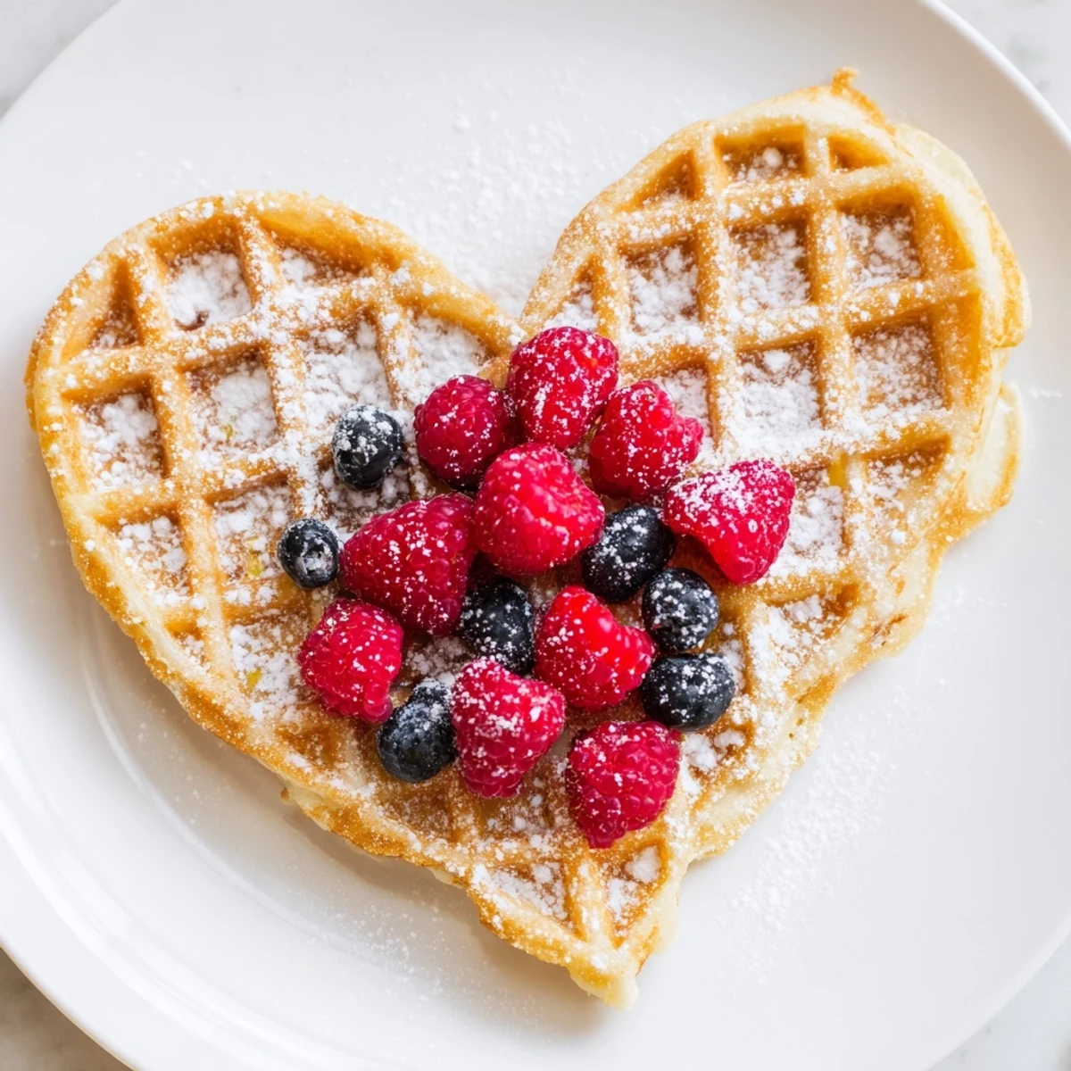 Perfectly crisp Sweetheart Heart Shaped Waffles served on a white plate with a dusting of powdered sugar.