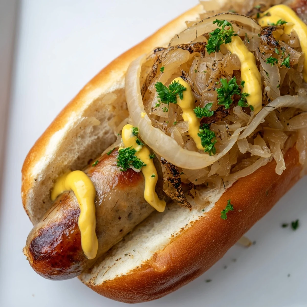 Golden-brown halal bratwursts sizzling on the grill, nestled in toasted buns and piled high with tangy sauerkraut for a perfect tailgate sandwich.
